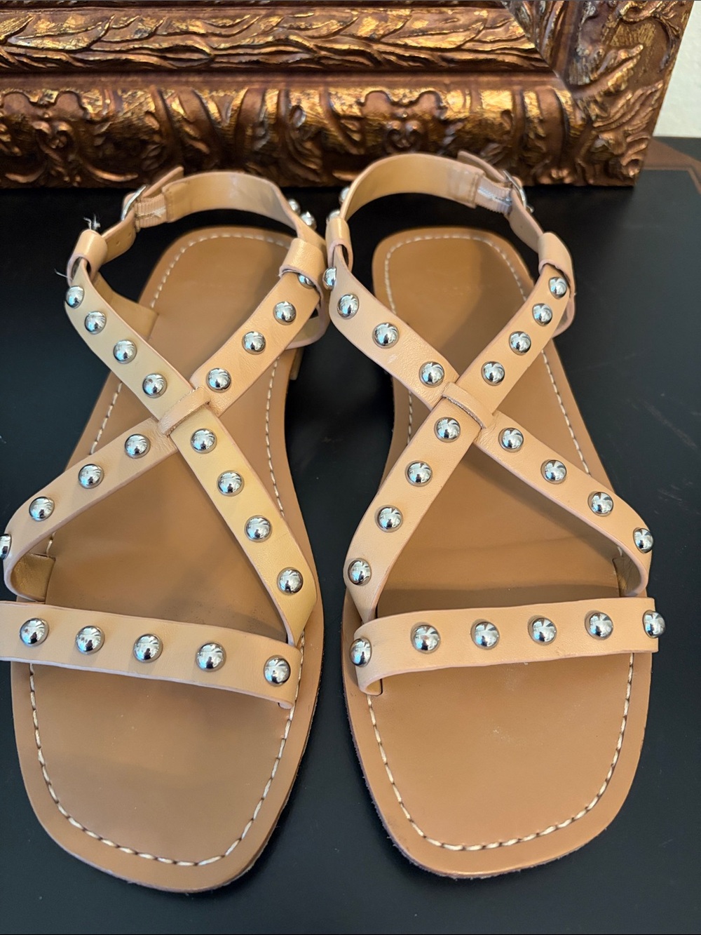 Marc Fisher Tan Studded Cross-Strap Sandals
